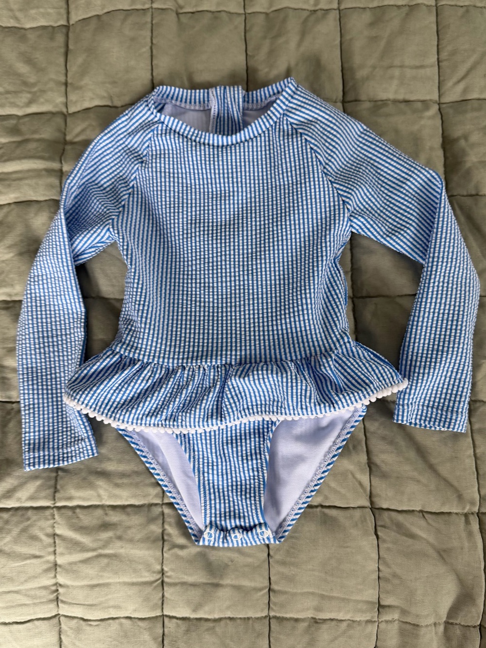 Snapper Rock Long-Sleeve Blue Seer Sucker Peplum One-Piece Swimsuit - UPF 50